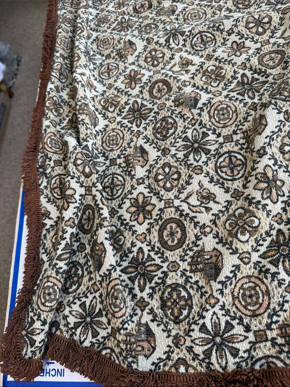 Vintage Folk Art Jacquard Woven Throw Lap Blanket Barn Floral Fringe 50x40